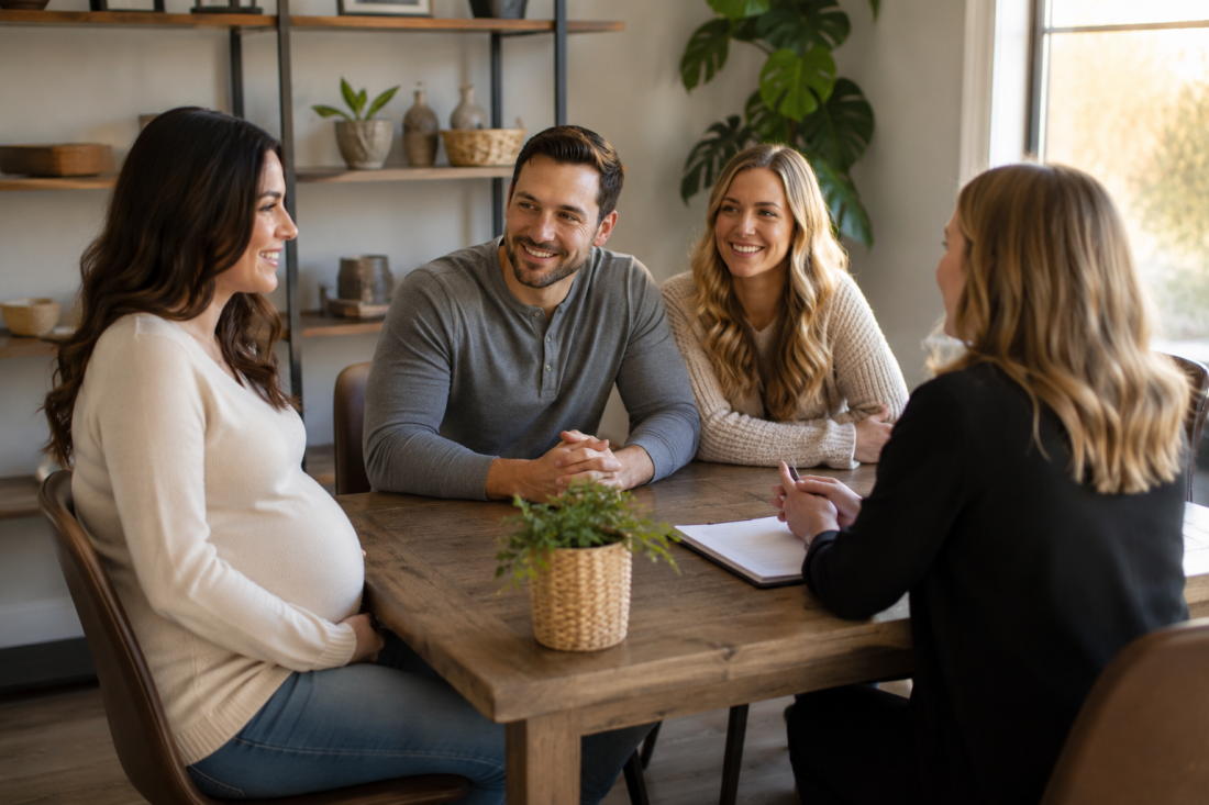 Pregnant woman meeting a hopeful adoptive couple with an adoption caseworker