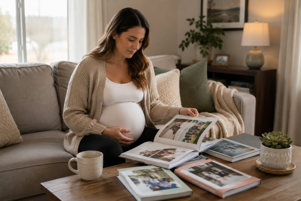Pregnant woman looking through adoptive family profile books