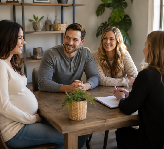 Pregnant woman meeting a hopeful adoptive couple with an adoption caseworker