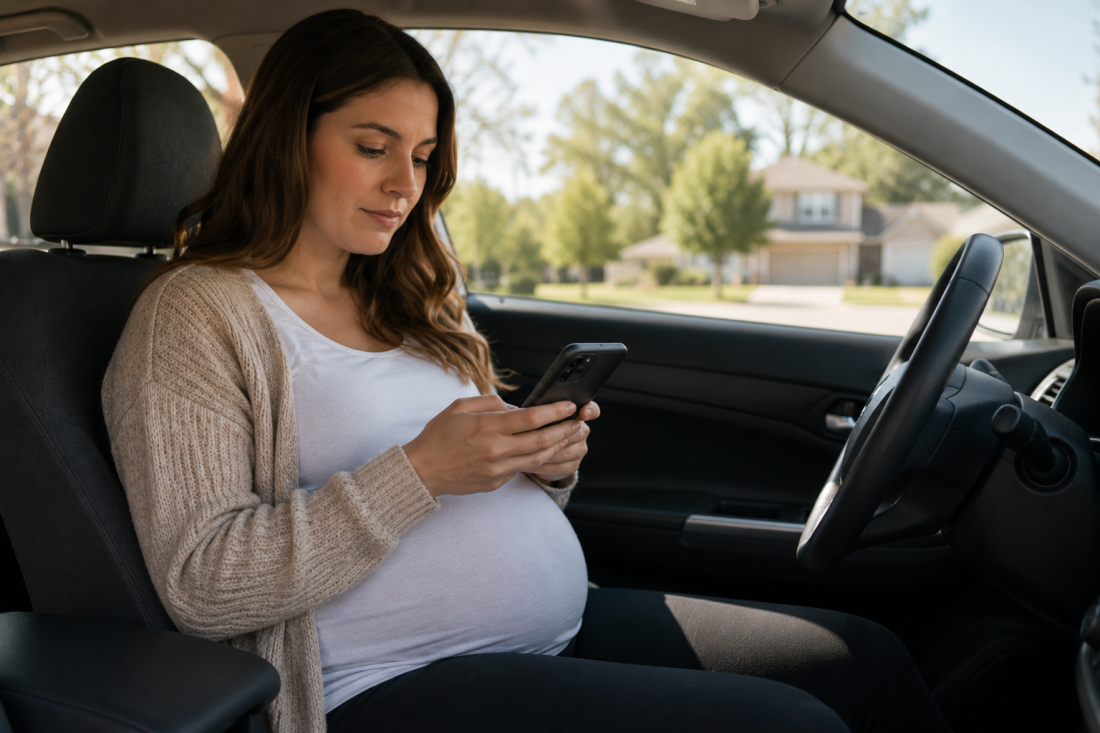 Pregnant woman using her phone while sitting privately in a parked car