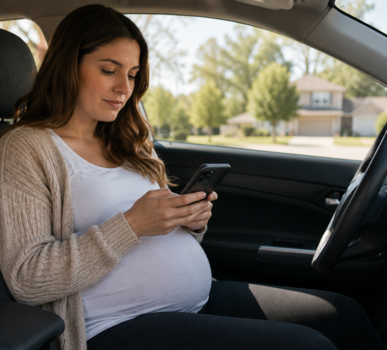 Pregnant woman using her phone while sitting privately in a parked car