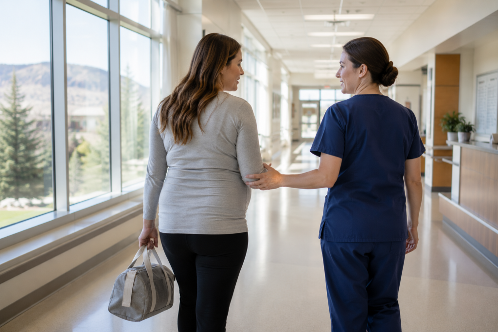 Pregnant woman walking through a hospital hallway with a nurse