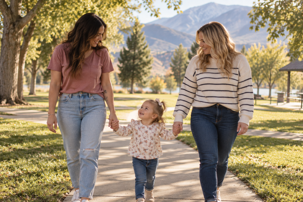 Birth mother and adoptive mother spending time together with a child during an open adoption visit