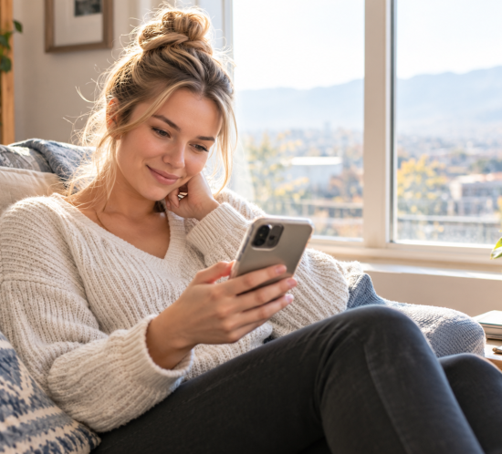 Birth mother looking at a photo update during an open adoption
