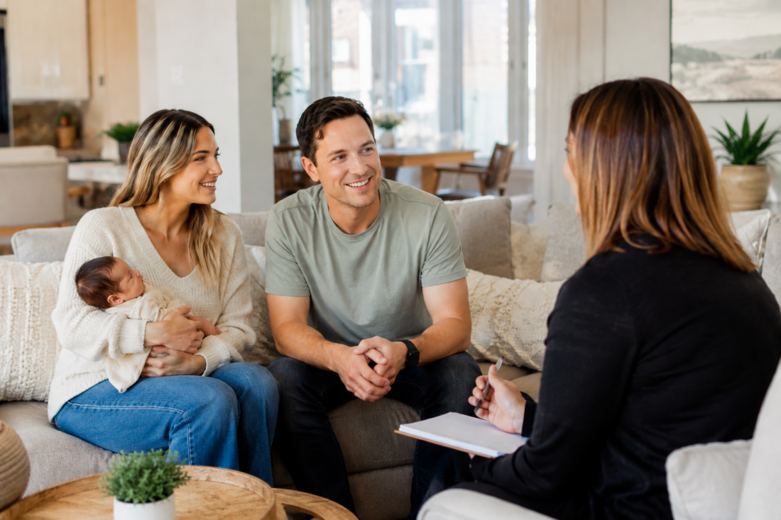 Adoptive parents meeting with a caseworker after adoption placement