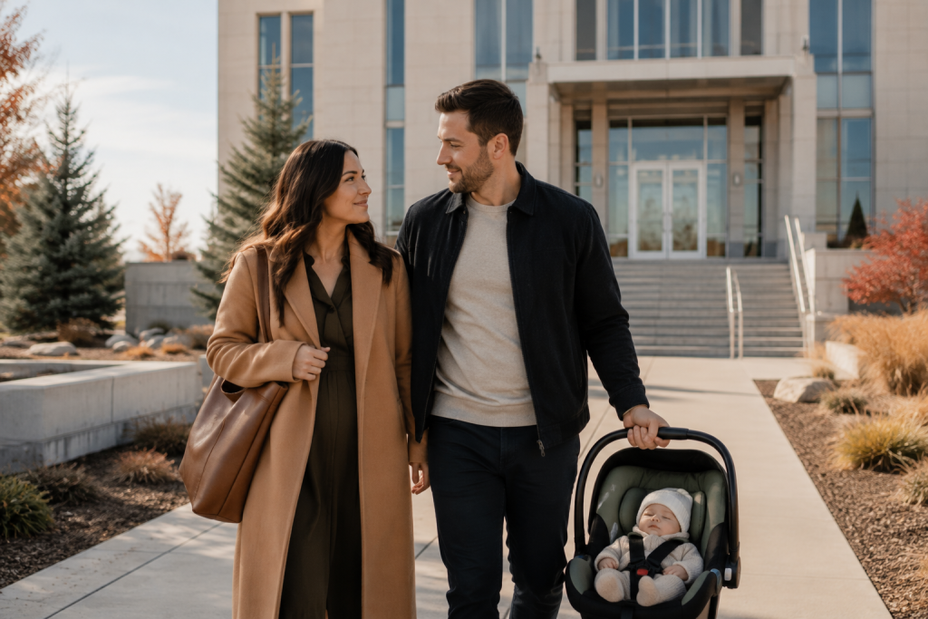 Adoptive parents arriving at a courthouse for adoption finalization