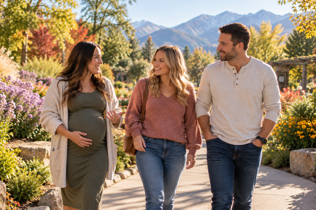 Expectant mother getting to know prospective adoptive parents during a casual meeting