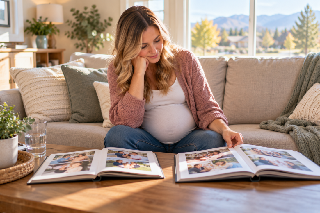 Expectant mother comparing adoptive family profiles while considering adoption