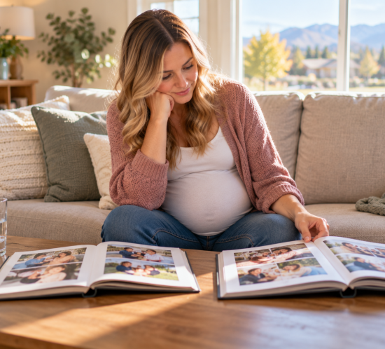 Expectant mother comparing adoptive family profiles while considering adoption